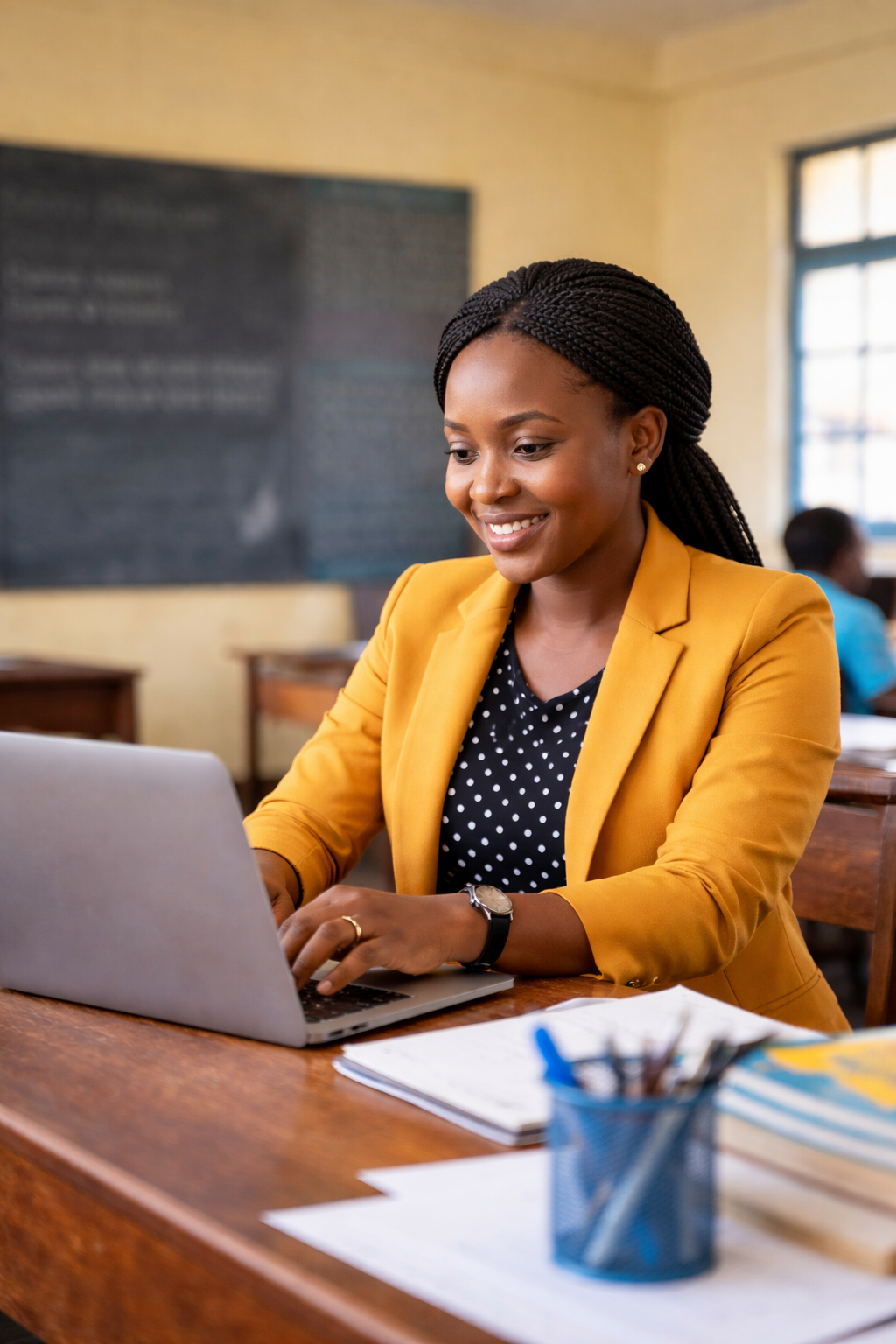 Teacher using a laptop in class
